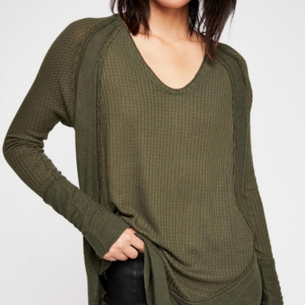 Free People Catalina Thermal Tee Long Sleeves Oversized Slouchy Olive Small EUC - Picture 11 of 15